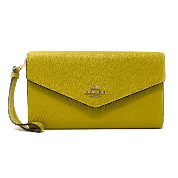 Coach Travel Envelope Wallet Wristlet in Chartreuse Yellow Leather C0707 - Picture 1 of 9
